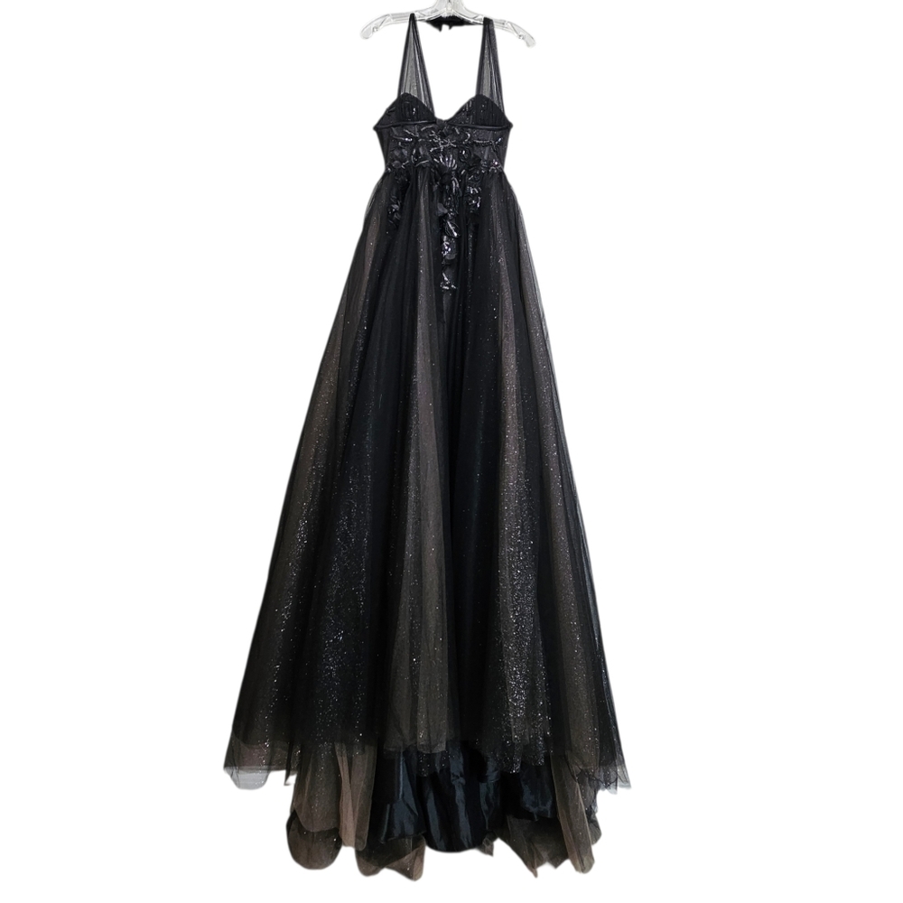 Gianni Bini Black/Tan Glitter Tulle Corseted Strapless Evening Gown w/Train